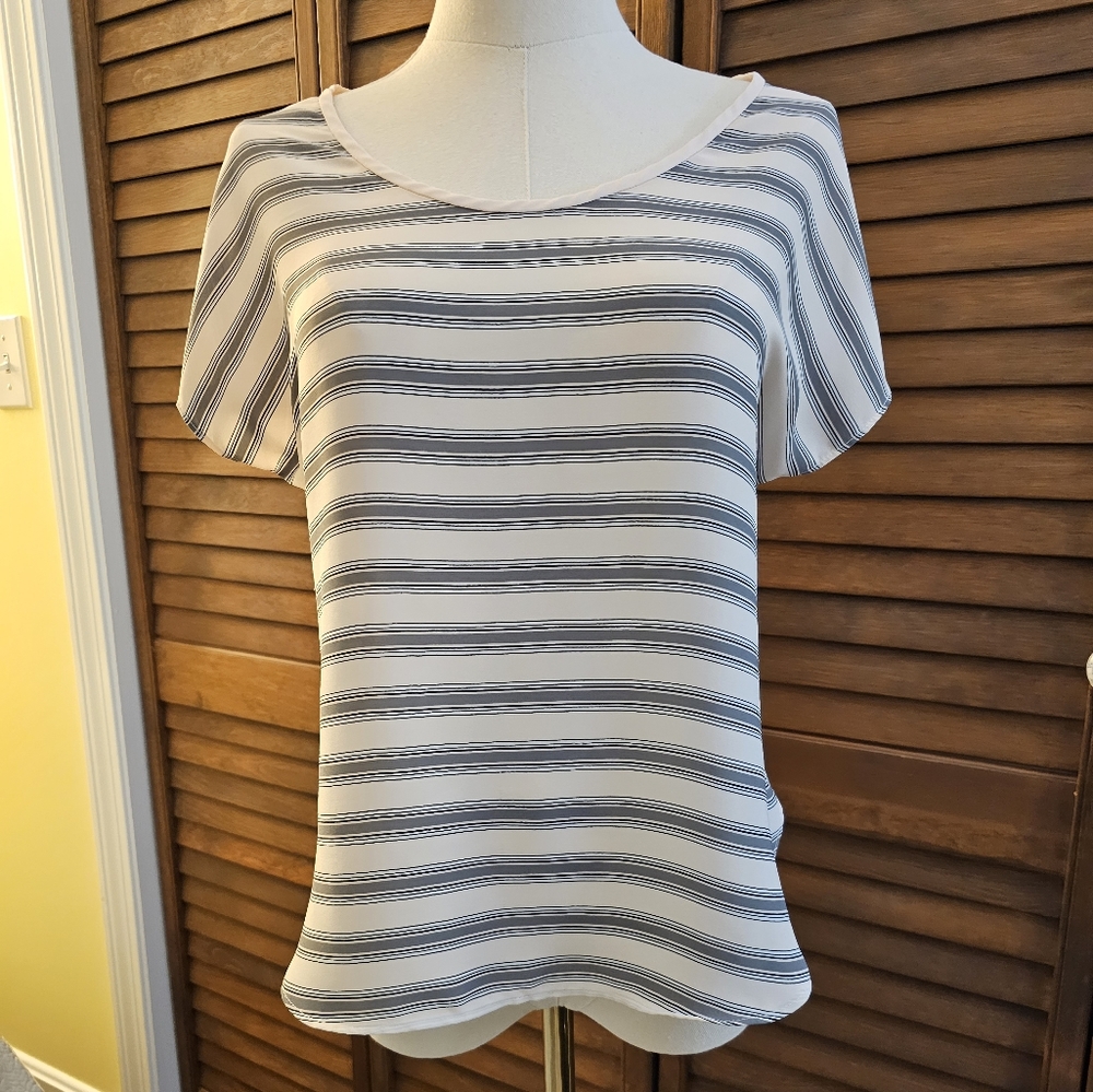 LOFT Mixed Material Striped Short Sleeve Blouse (XSP)